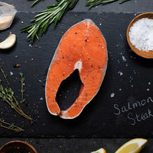 A delicious-looking portion of king salmon steak cut