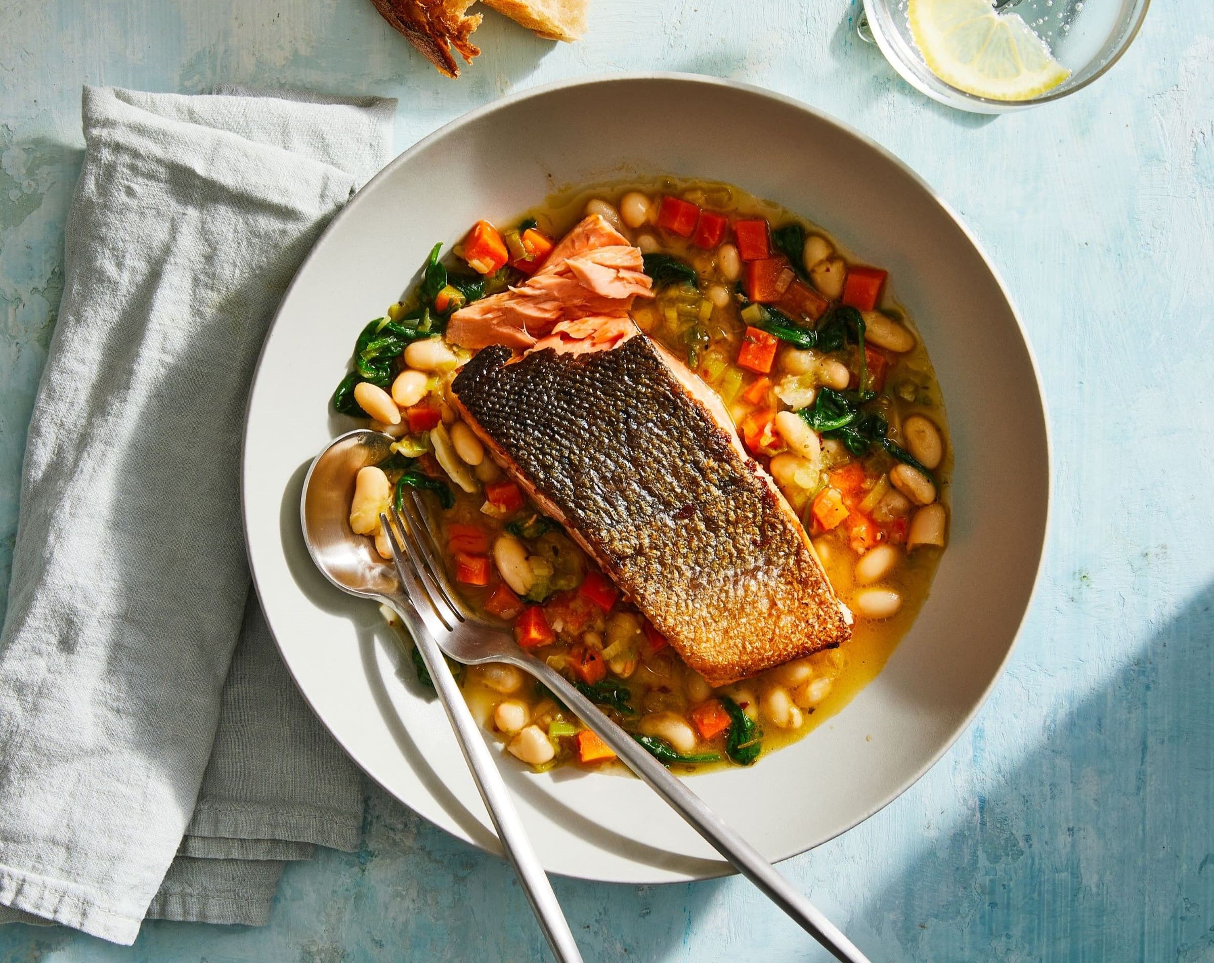 Seared Salmon with Brothy Beans recipe by Grace Parisi