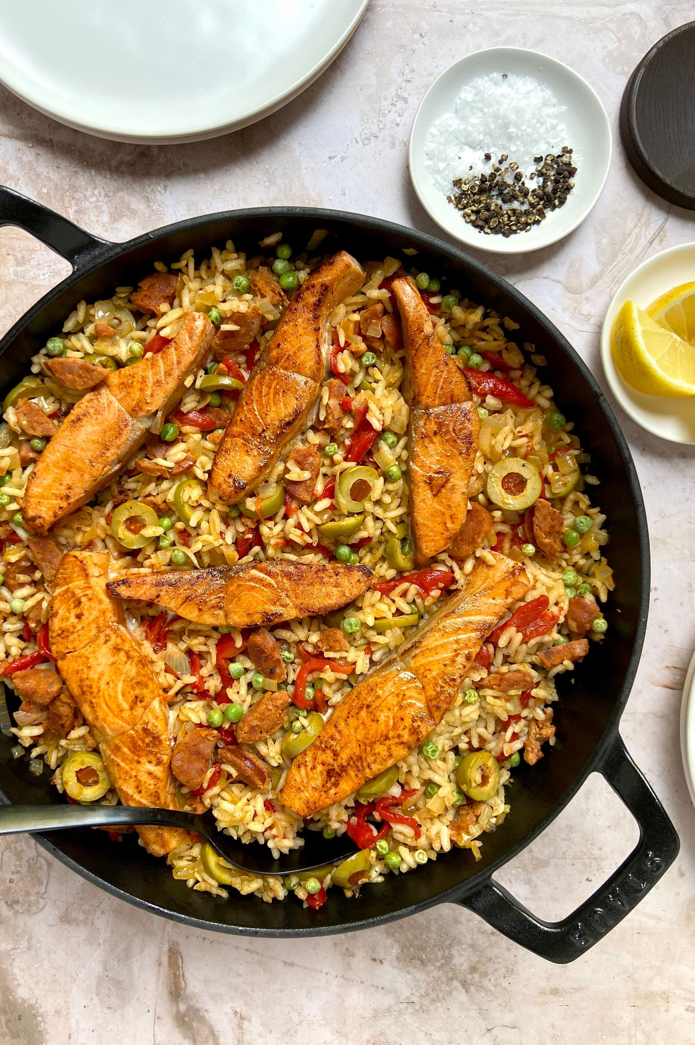 Salmon and Chorizo Paella