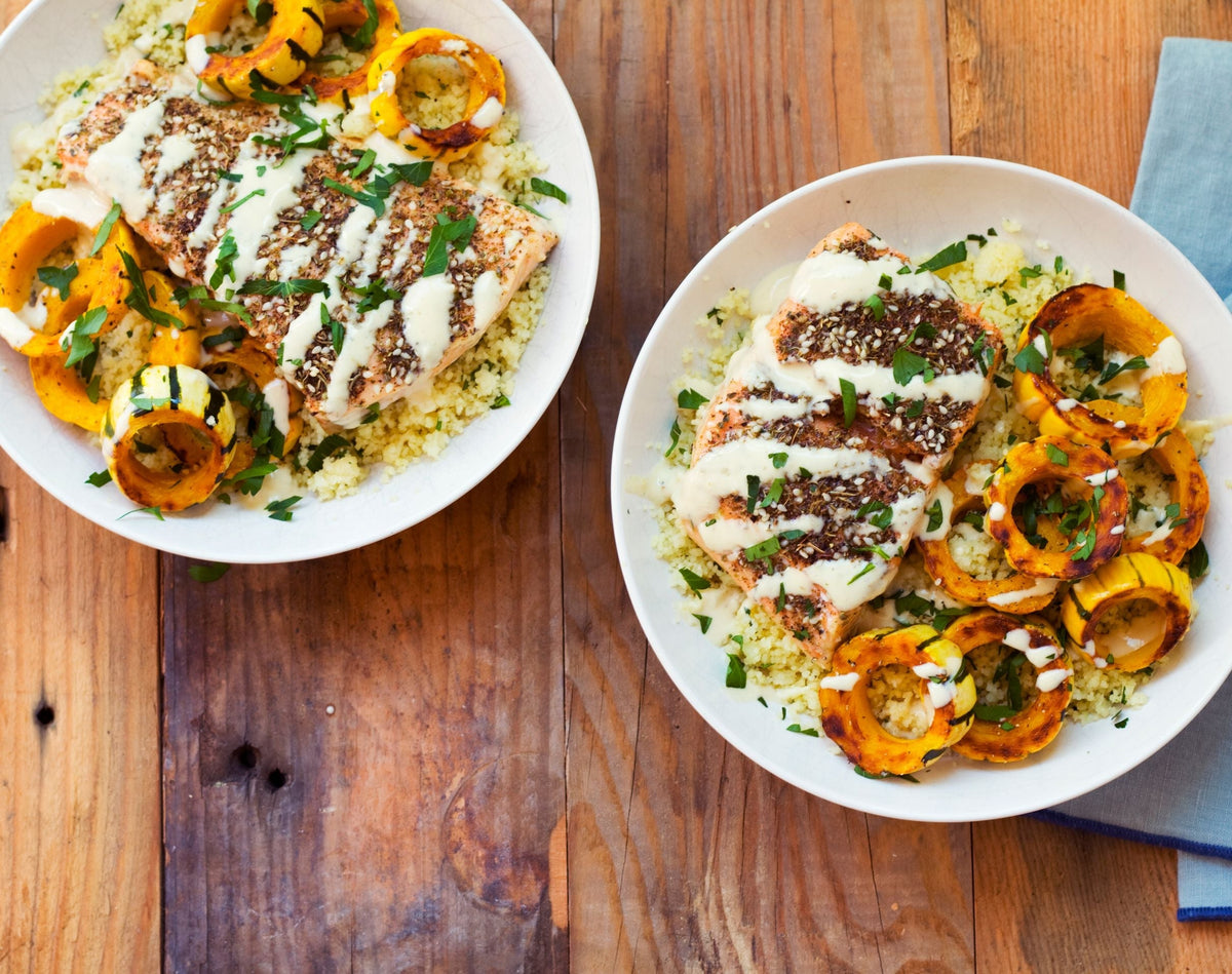 Za'atar Salmon with Couscous, Delicata Squash, and Tahini