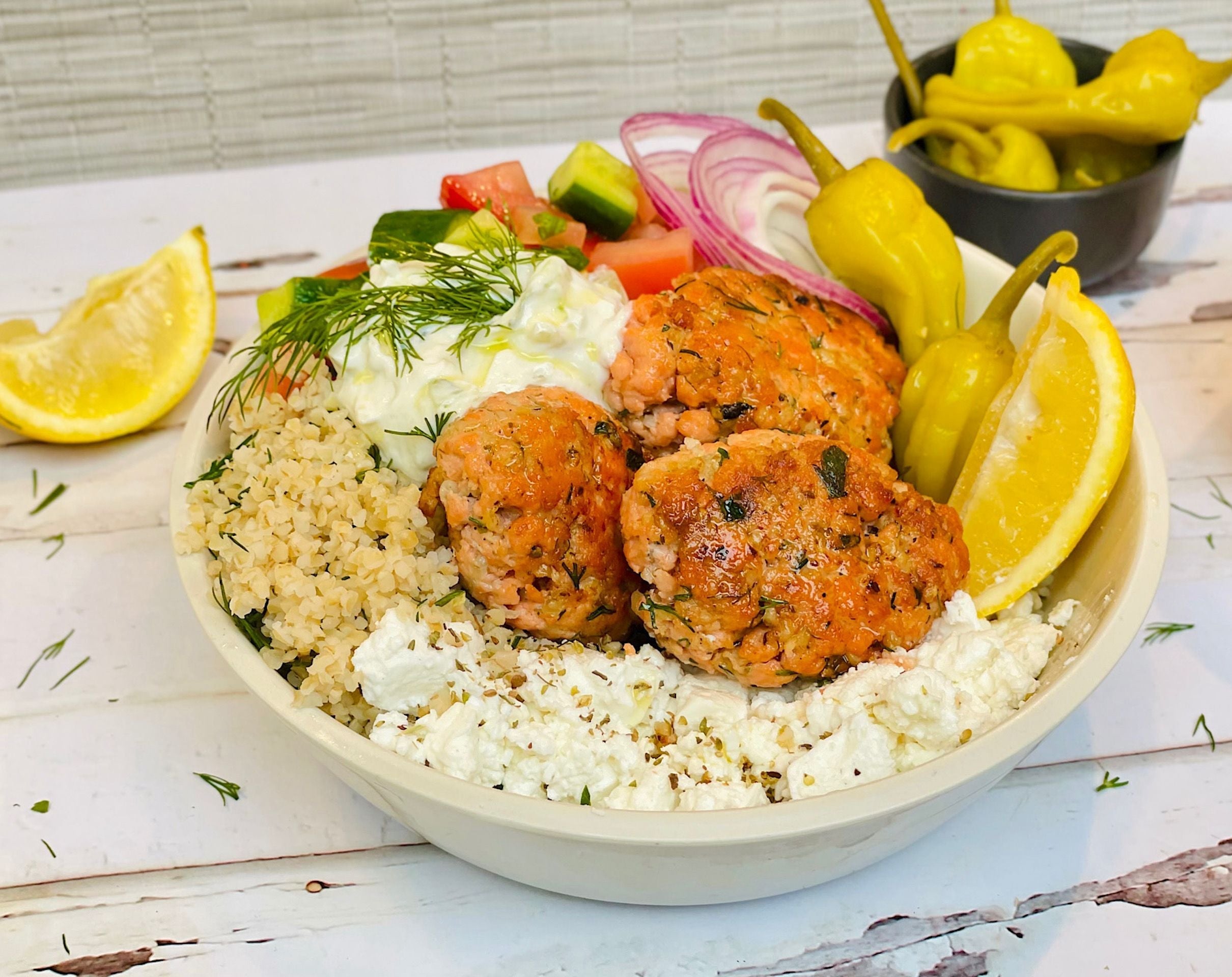Salmon Kefta Bulgur Grain Bowl with Feta