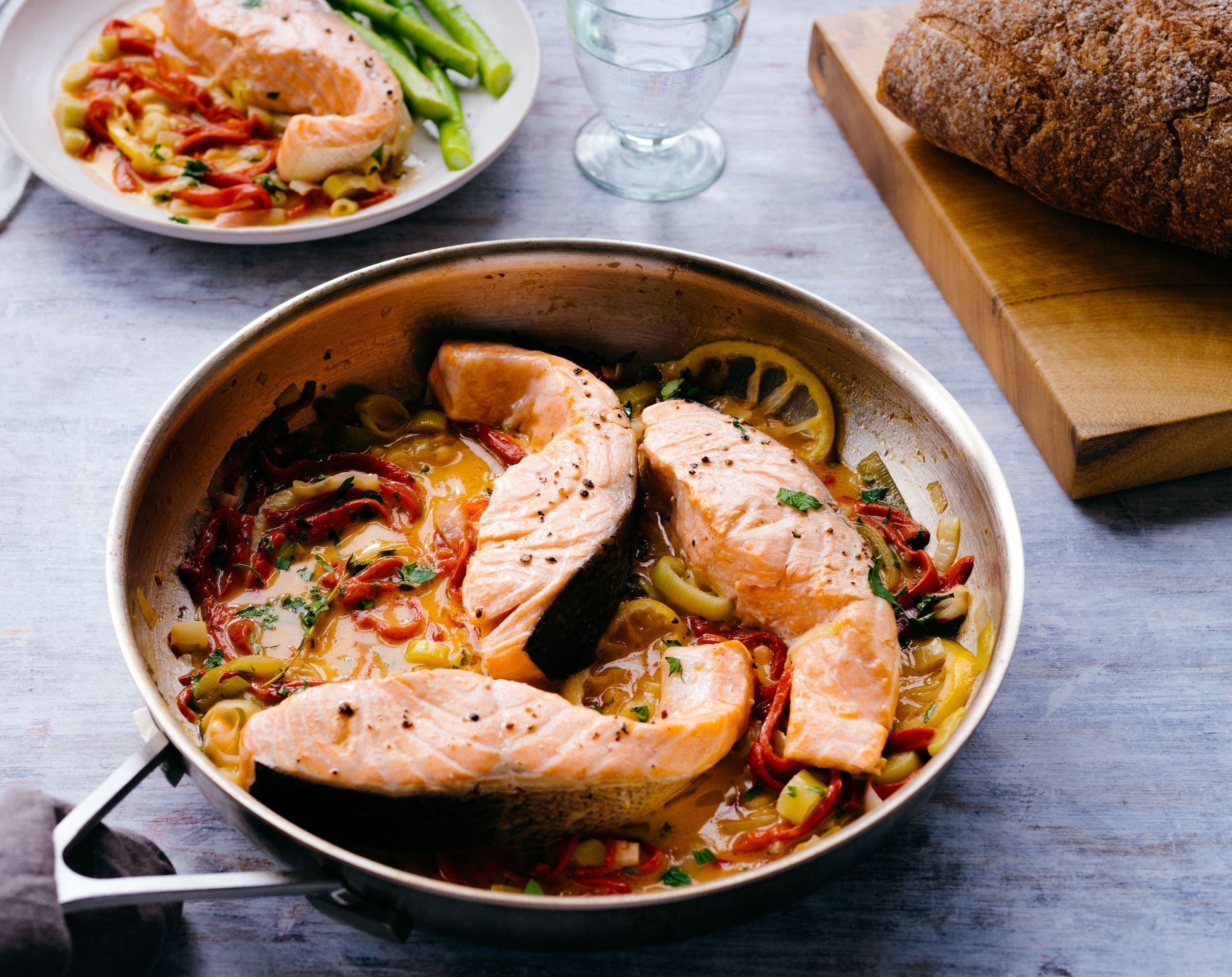 Wine-Poached Salmon with Peppers and Leeks