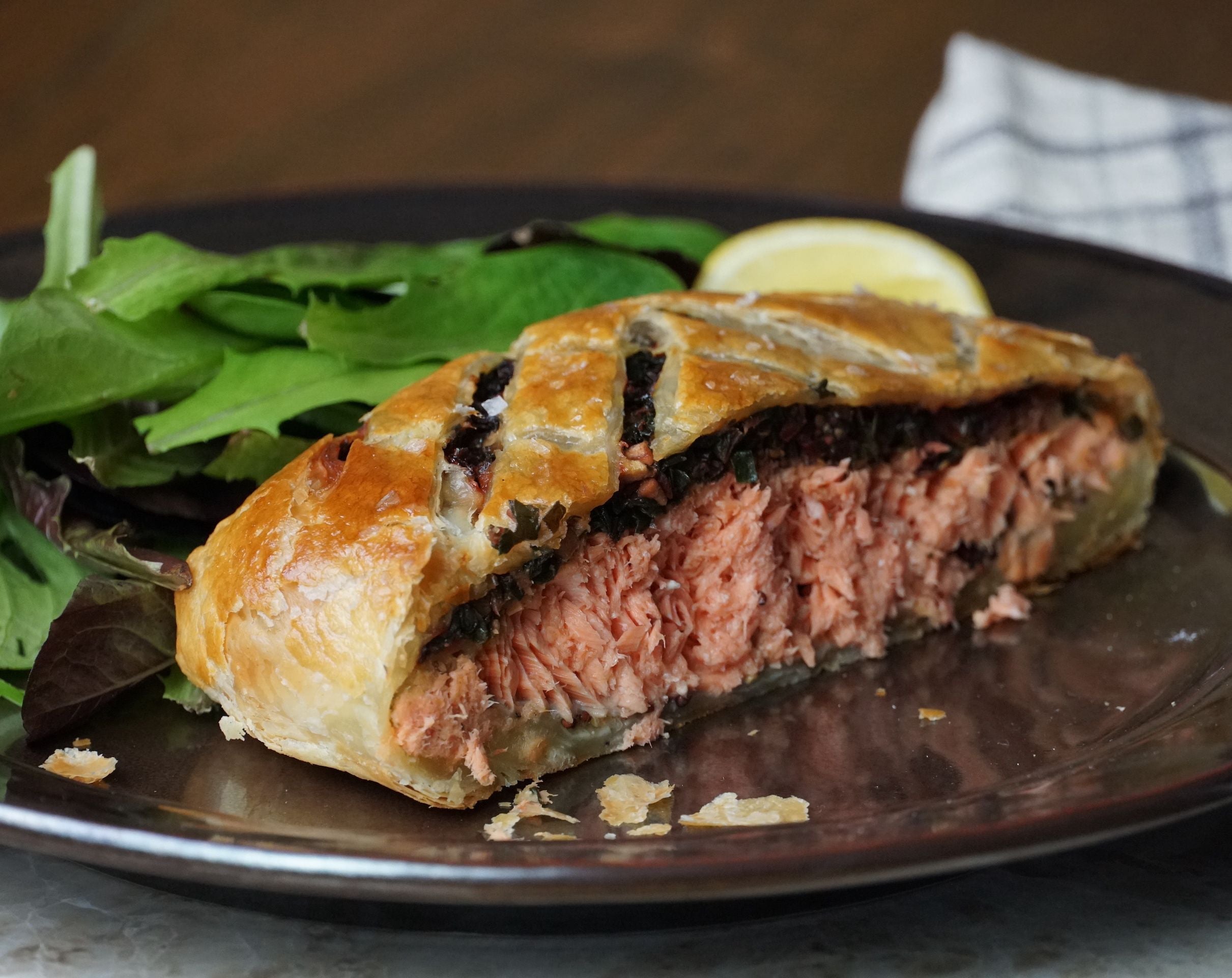 Salmon Wellington with Rainbow Chard, Apple, and Mustard