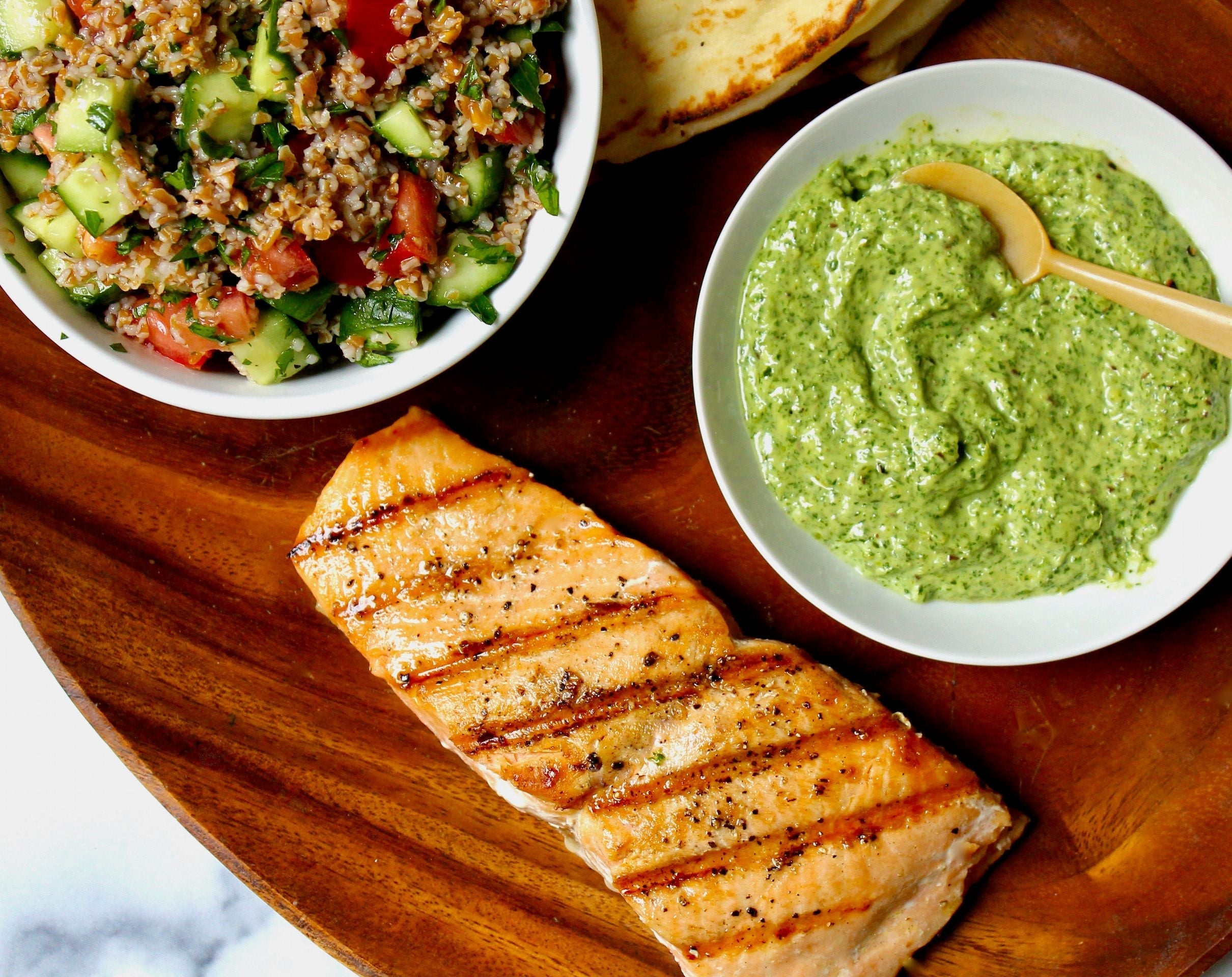 Grilled Salmon with Tabbouleh and Fresh Green Harissa