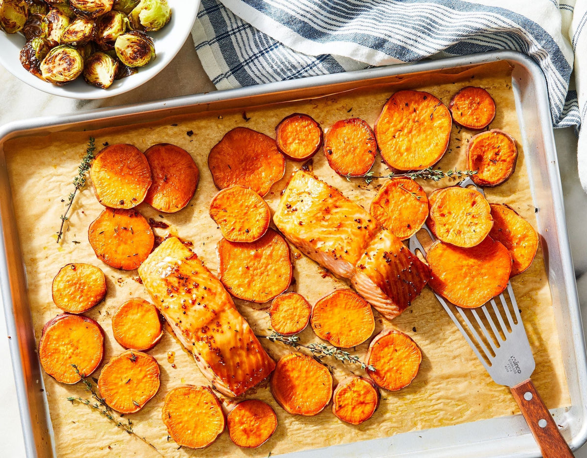 Maple-Cider Baked Salmon with Sweet Potatoes
