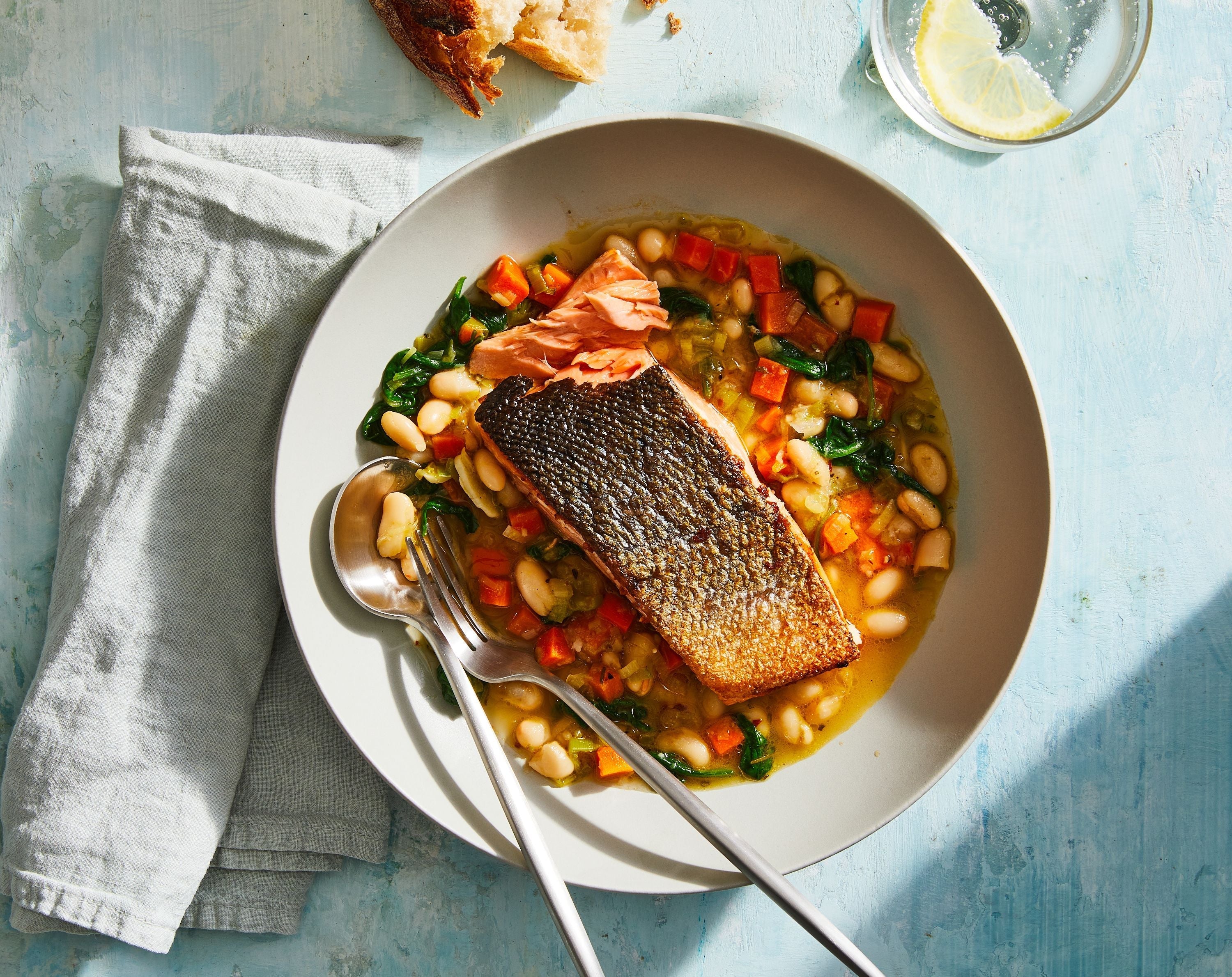 Seared Salmon with Brothy Beans