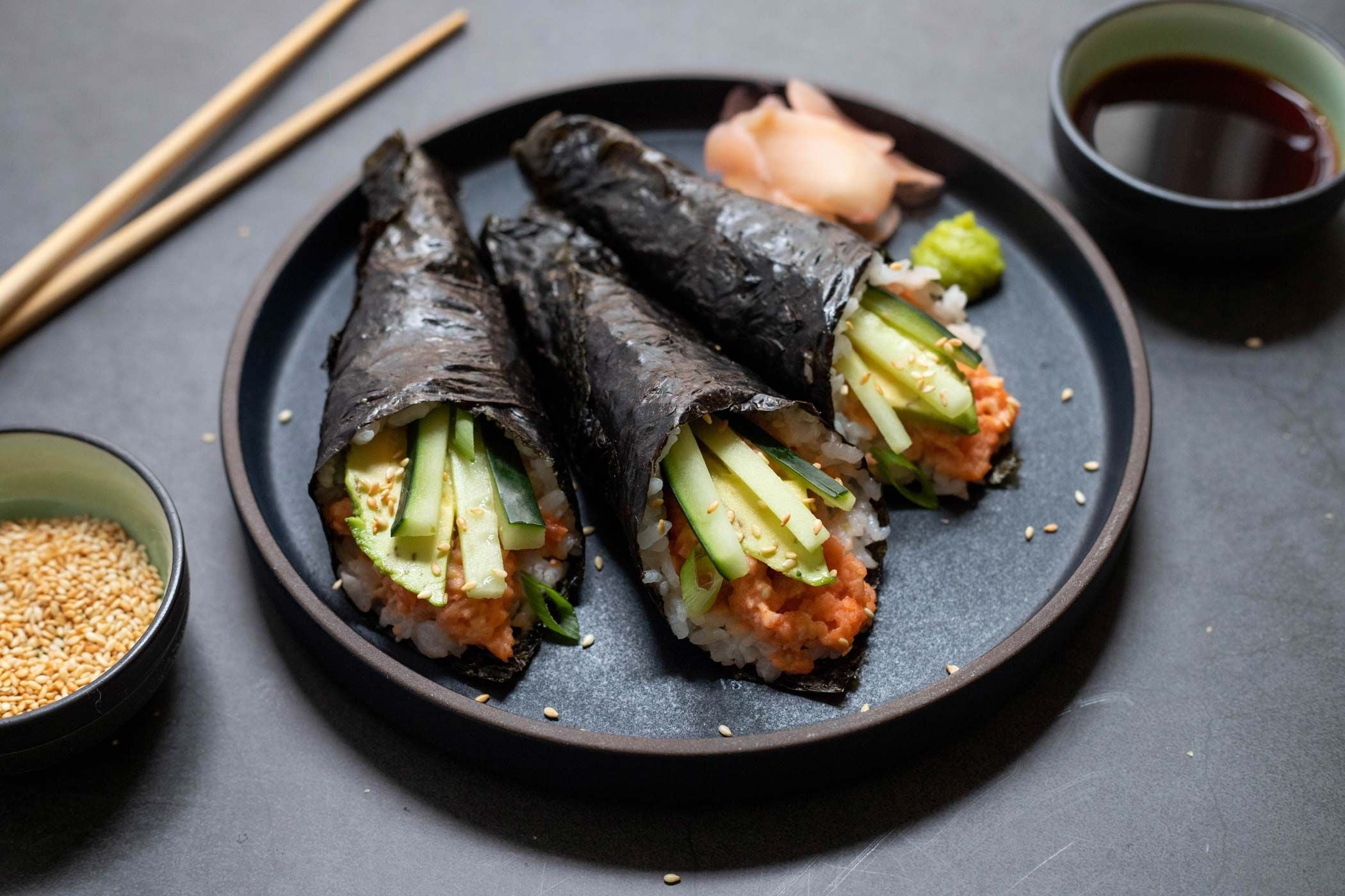 Spicy Salmon-Avocado Hand Rolls