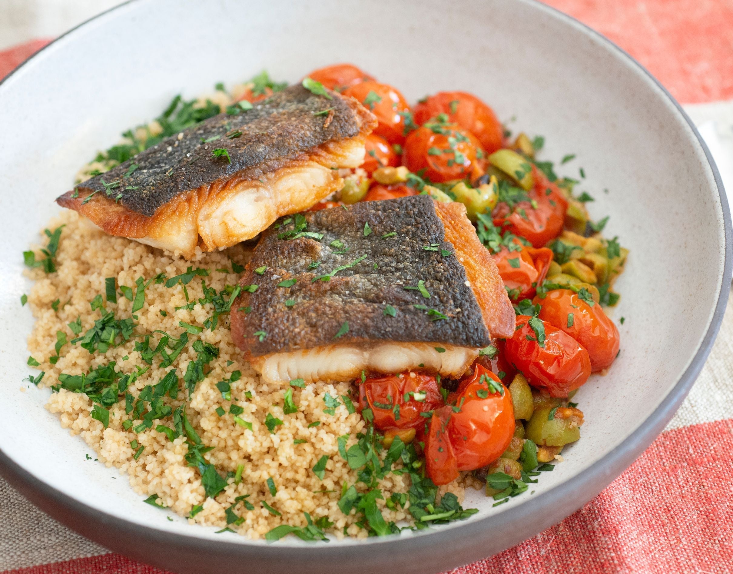 Crispy Sablefish With Capers, Tomatoes, Olives, and Couscous