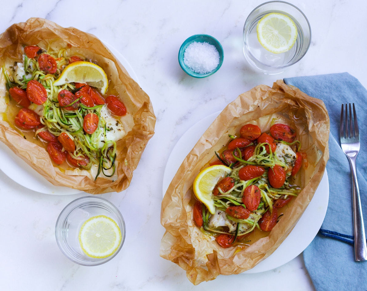 Mediterranean Cod, Cherry Tomato, and Zucchini Packets