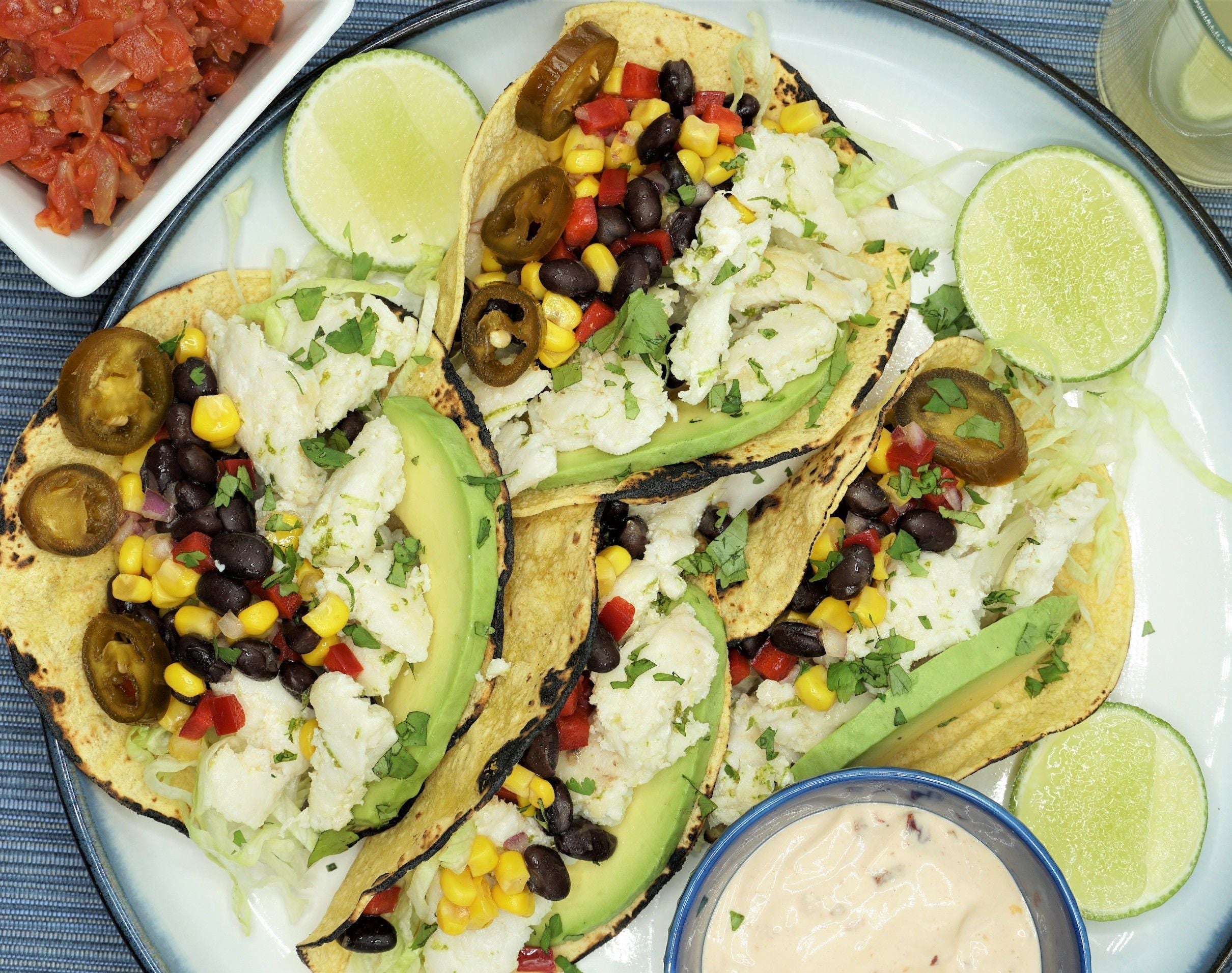 Sautéed Halibut Tacos with Black Bean-Corn Salsa and Creamy Chipotle Sauce