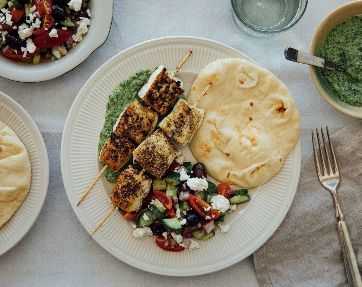 How to Make Za'atar Halibut Kebabs with Creamy Green Harissa and Shepherd Salad