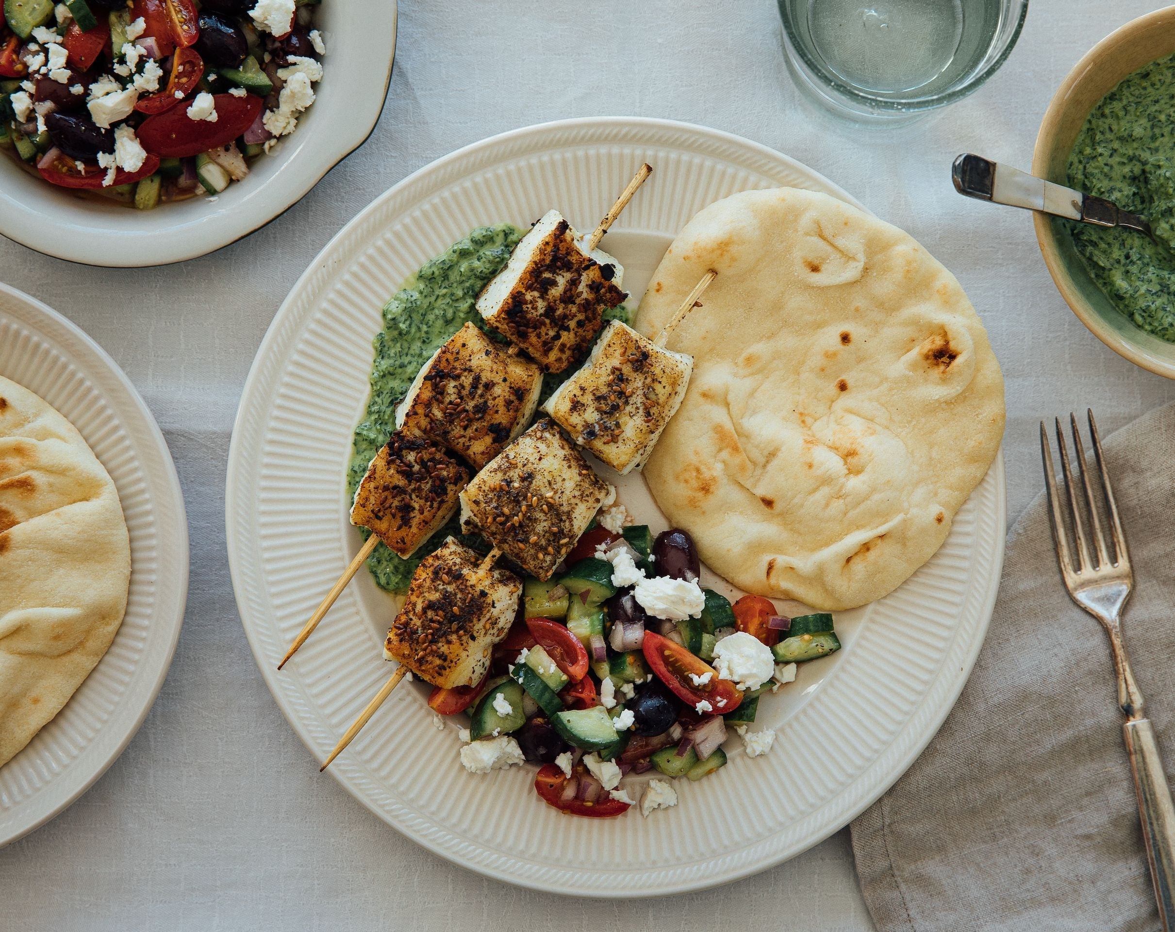 Za'atar Halibut Kebabs with Creamy Green Harissa and Shepherd Salad