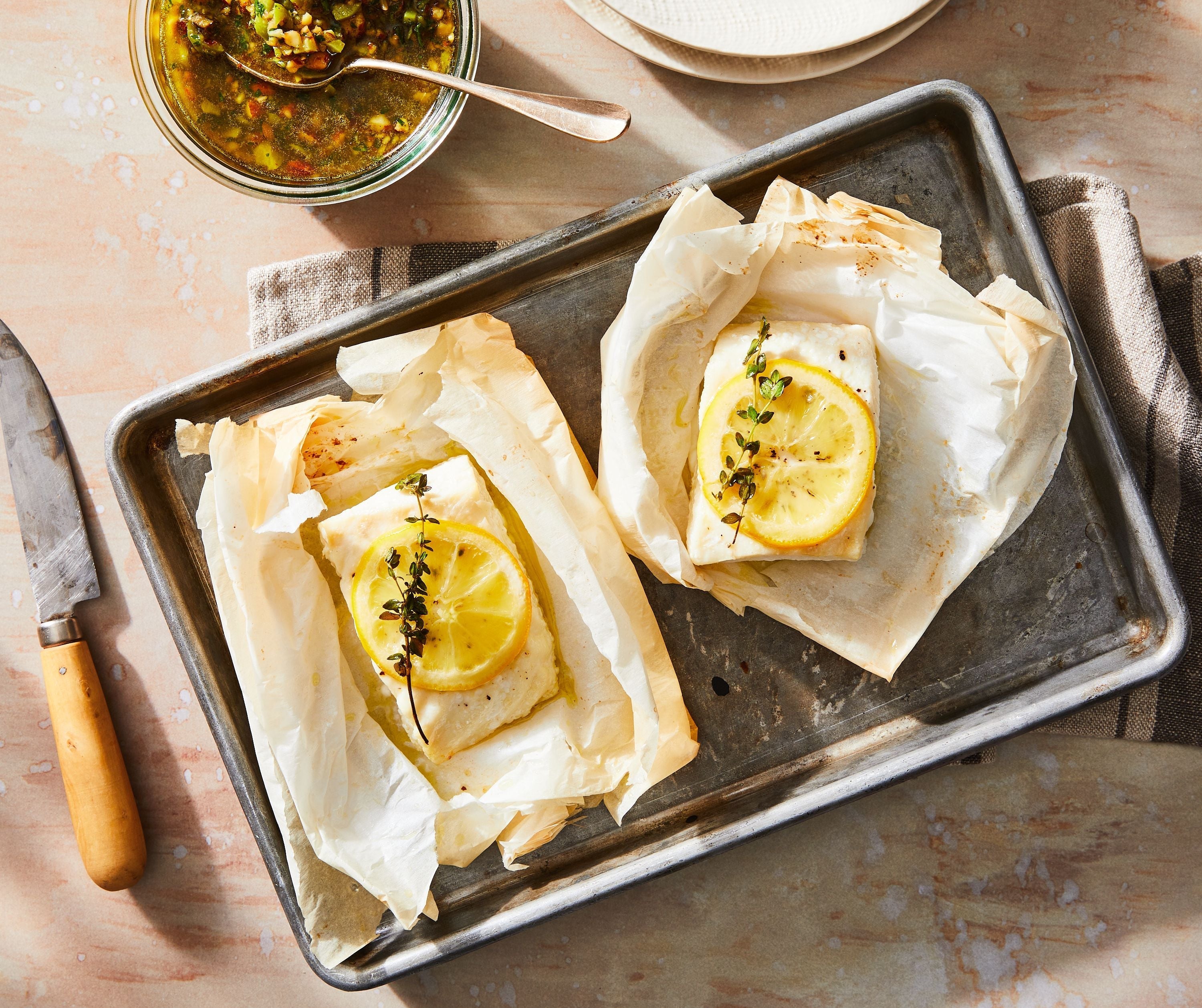 Oven-Steamed Halibut with Nutty Herb Pesto