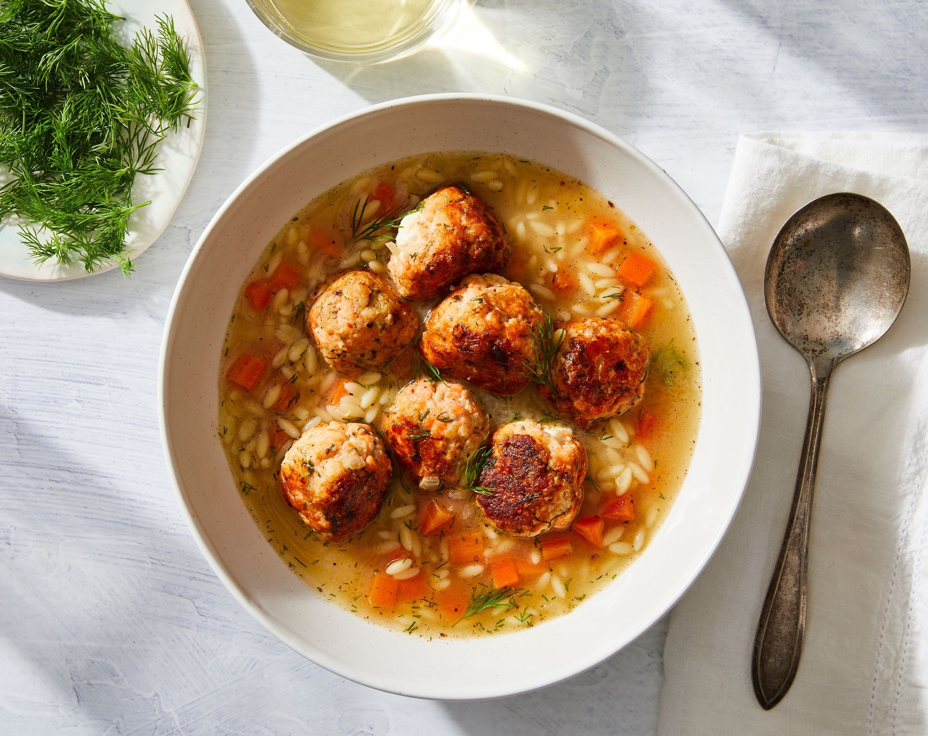 Lemony Orzo Soup with Seafood-Feta Meatballs