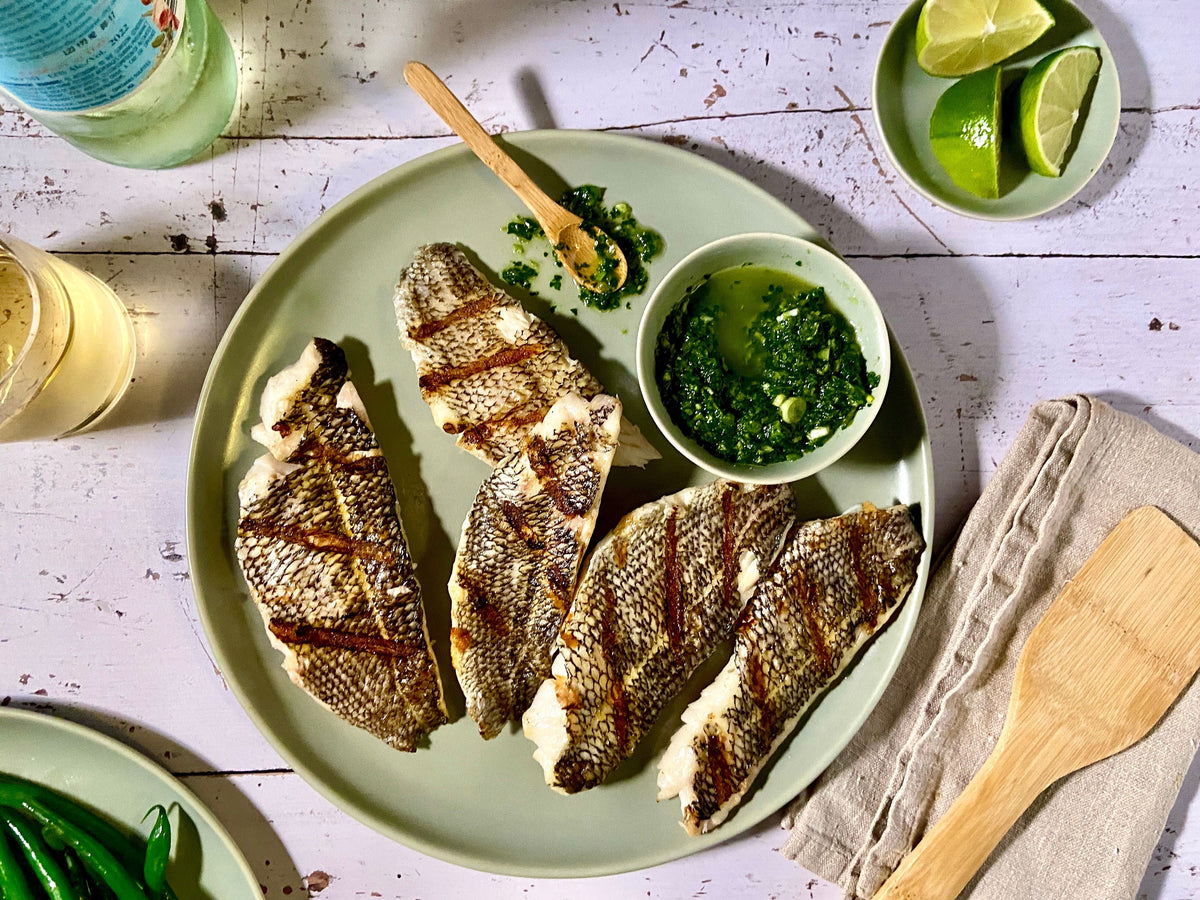 Grilled Sea Bass with Scallion-Herb Salsa