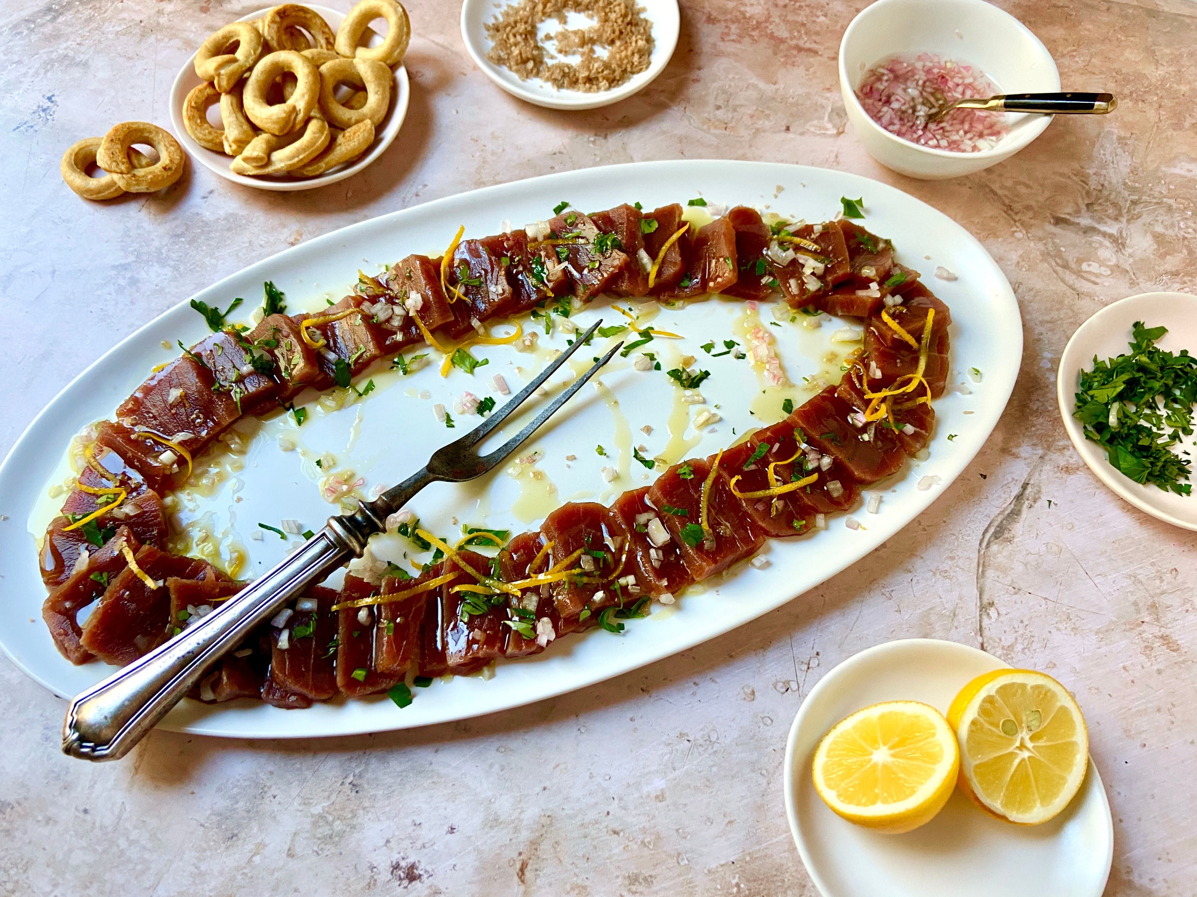 Tuna Crudo with Pickled Shallots and Smoked Salt