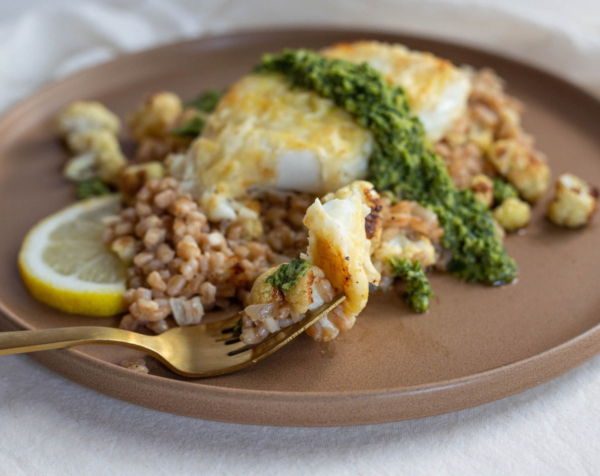 Halibut with Farro Risotto, Roasted Cauliflower, and Pesto