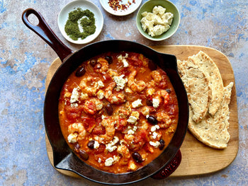 skillet of shrimp and tomato sauce