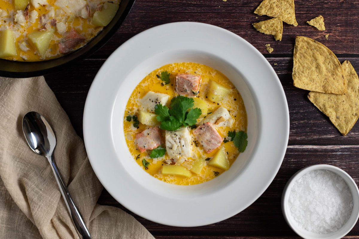Creamy Chipotle Fish Chowder with Hominy
