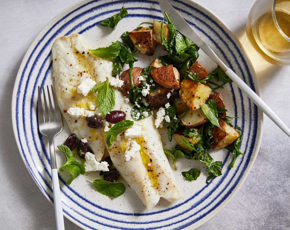 Broiled Rockfish with Lemony Potatoes, Olives, and Mint