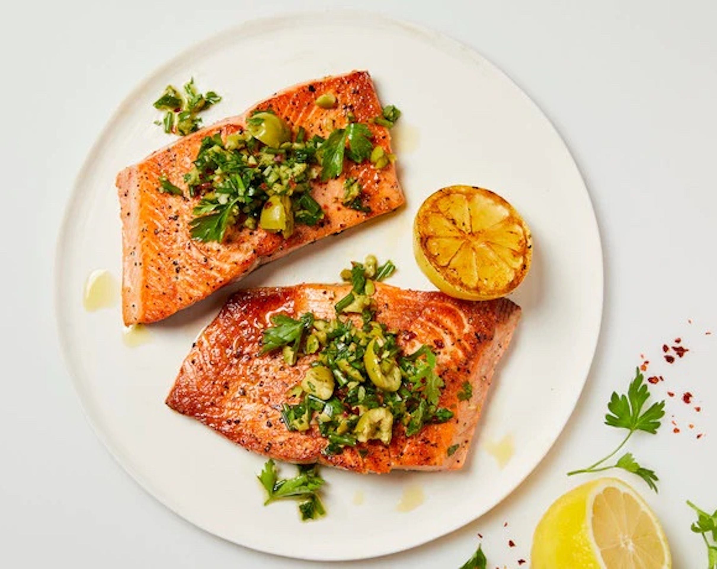 Seared Salmon with Green Olive Salsa Verde
