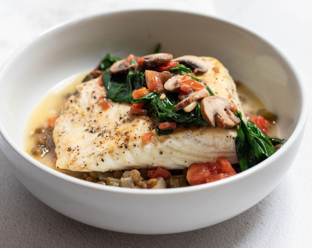 Halibut with Braised Lentils and Lemon Butter Sauce