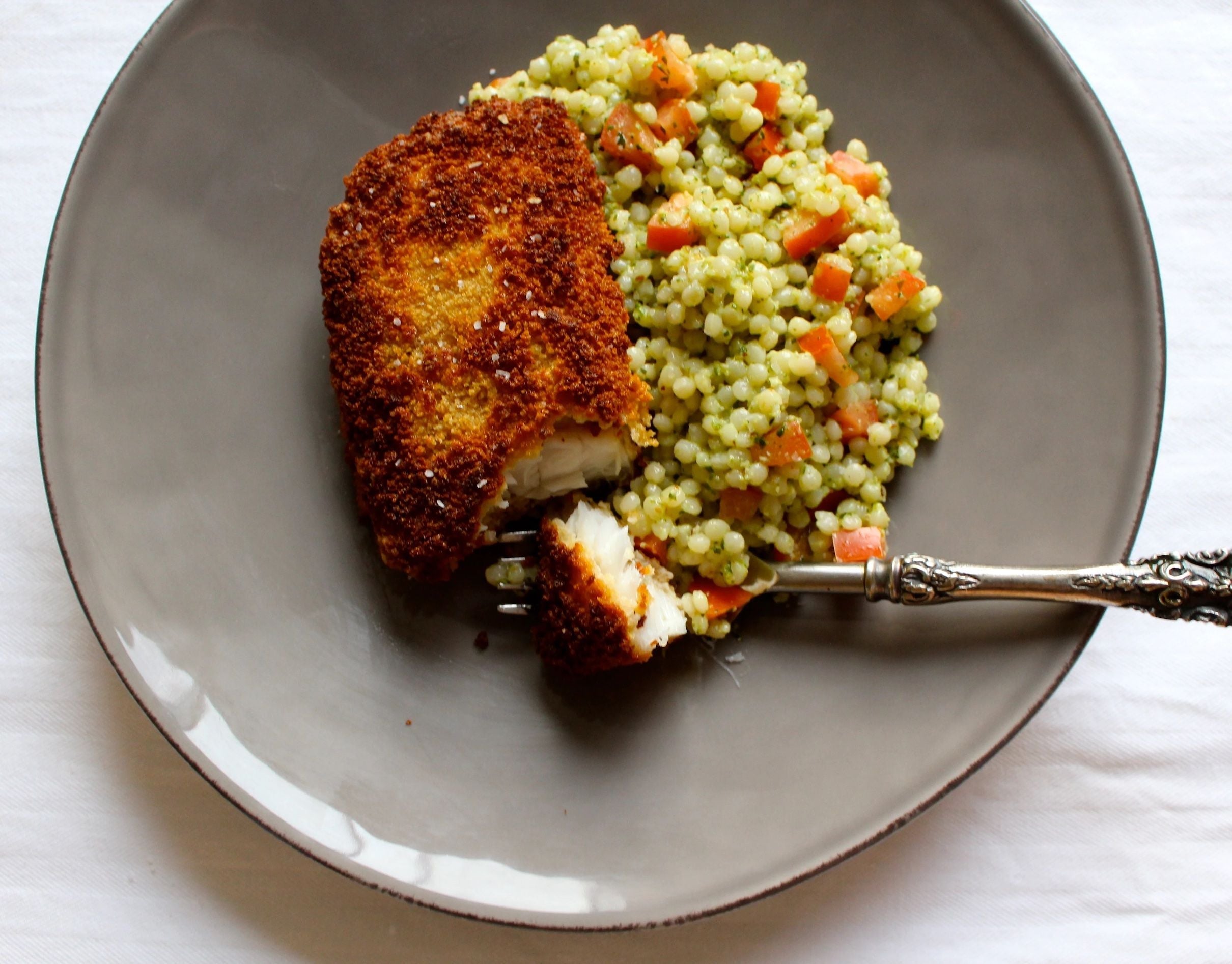 Panko-Crusted Rockfish with Israeli Couscous Salad