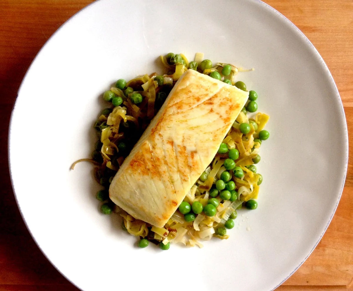 Seared Halibut with Buttered Leeks and Peas