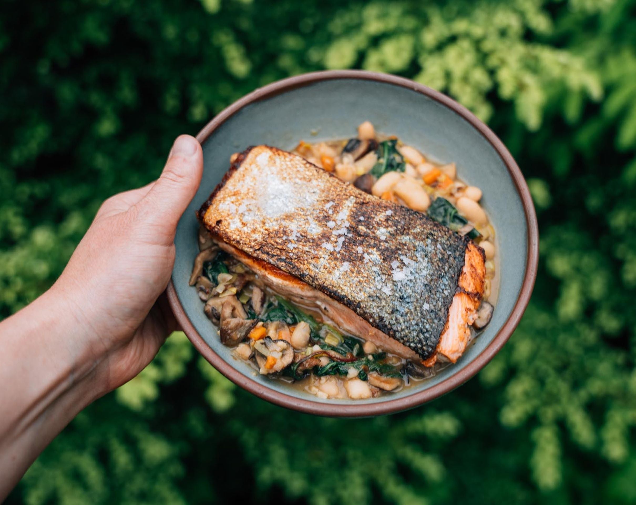Seared Salmon with Wild Mushrooms and Beans