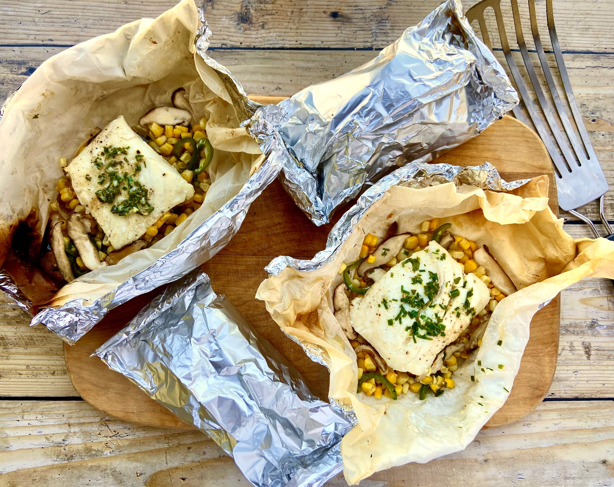 Grilled Herb-Butter Halibut in Foil with Shiitakes and Corn