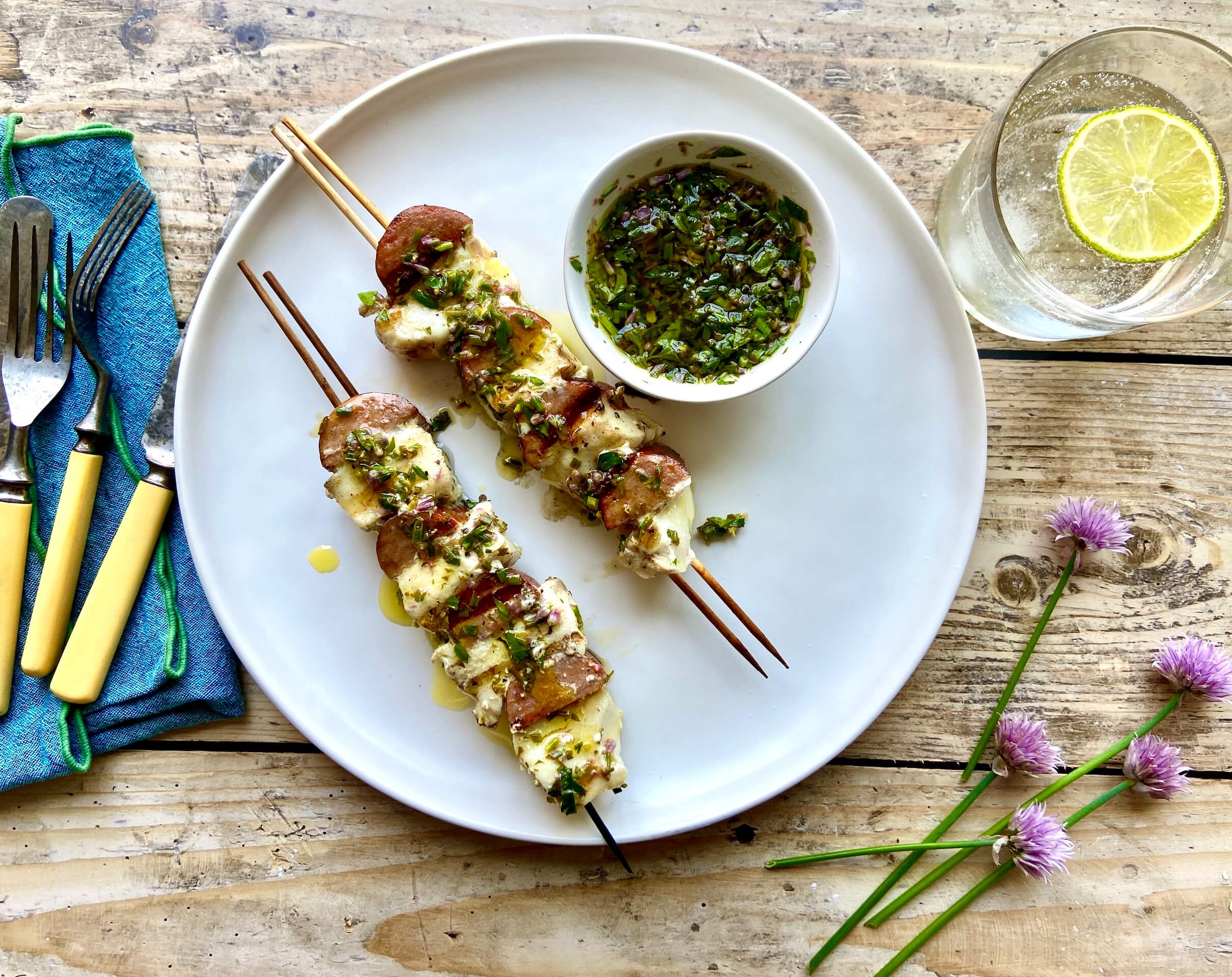 Halibut and Sausage Skewers