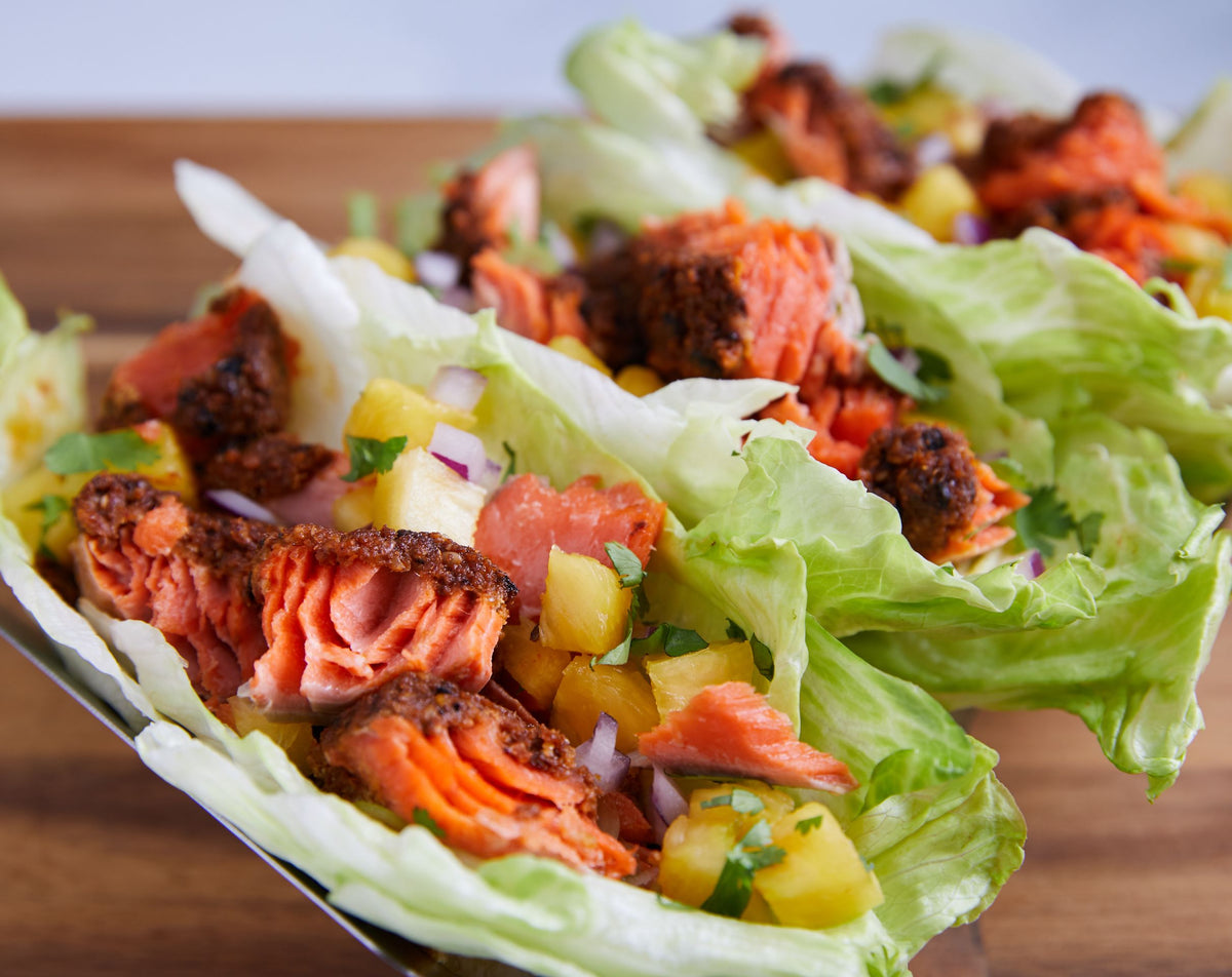 Ancho Chili Salmon in Lettuce Tacos