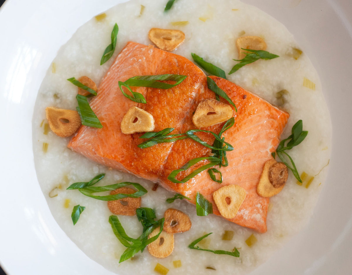 Salmon Congee with Scallions and Garlic