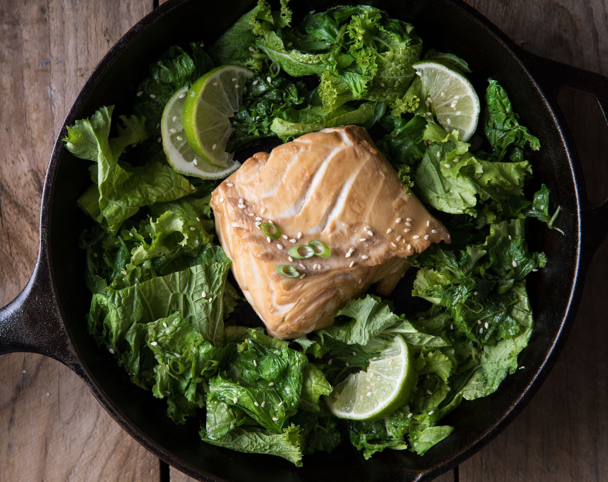 Soy Brined Halibut with Mustard Greens