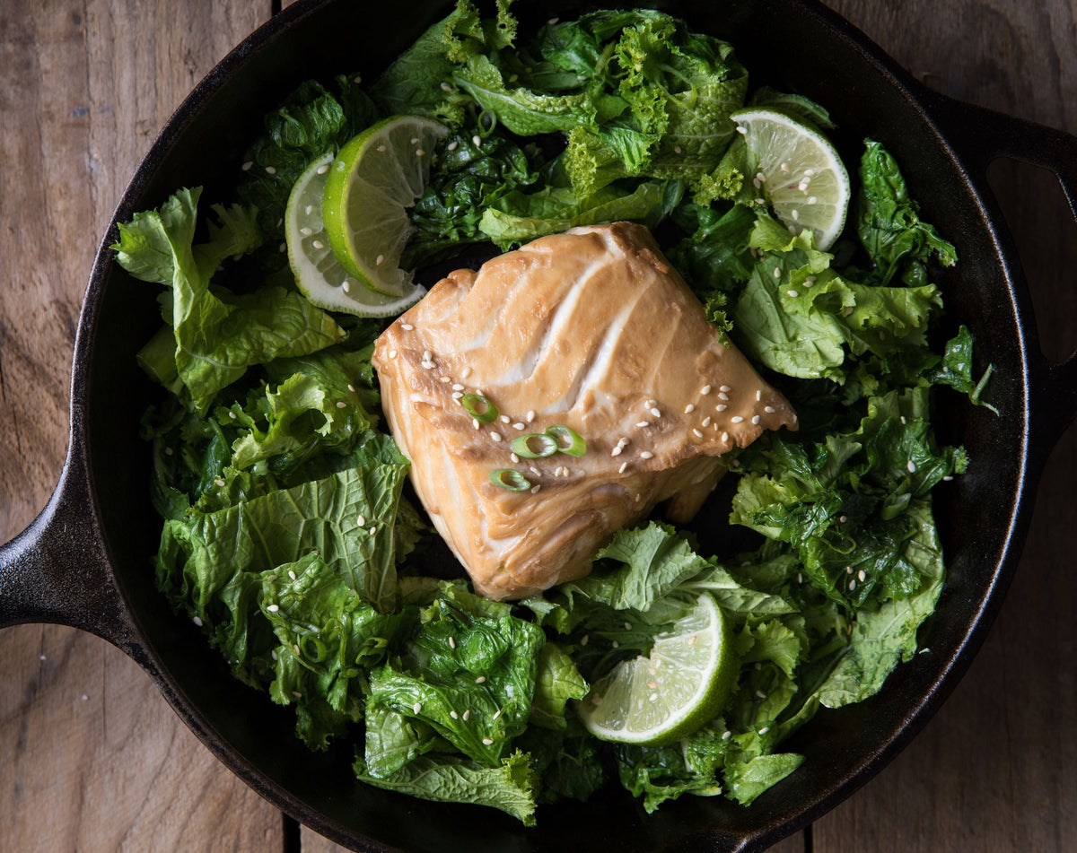 Soy Brined Halibut with Mustard Greens