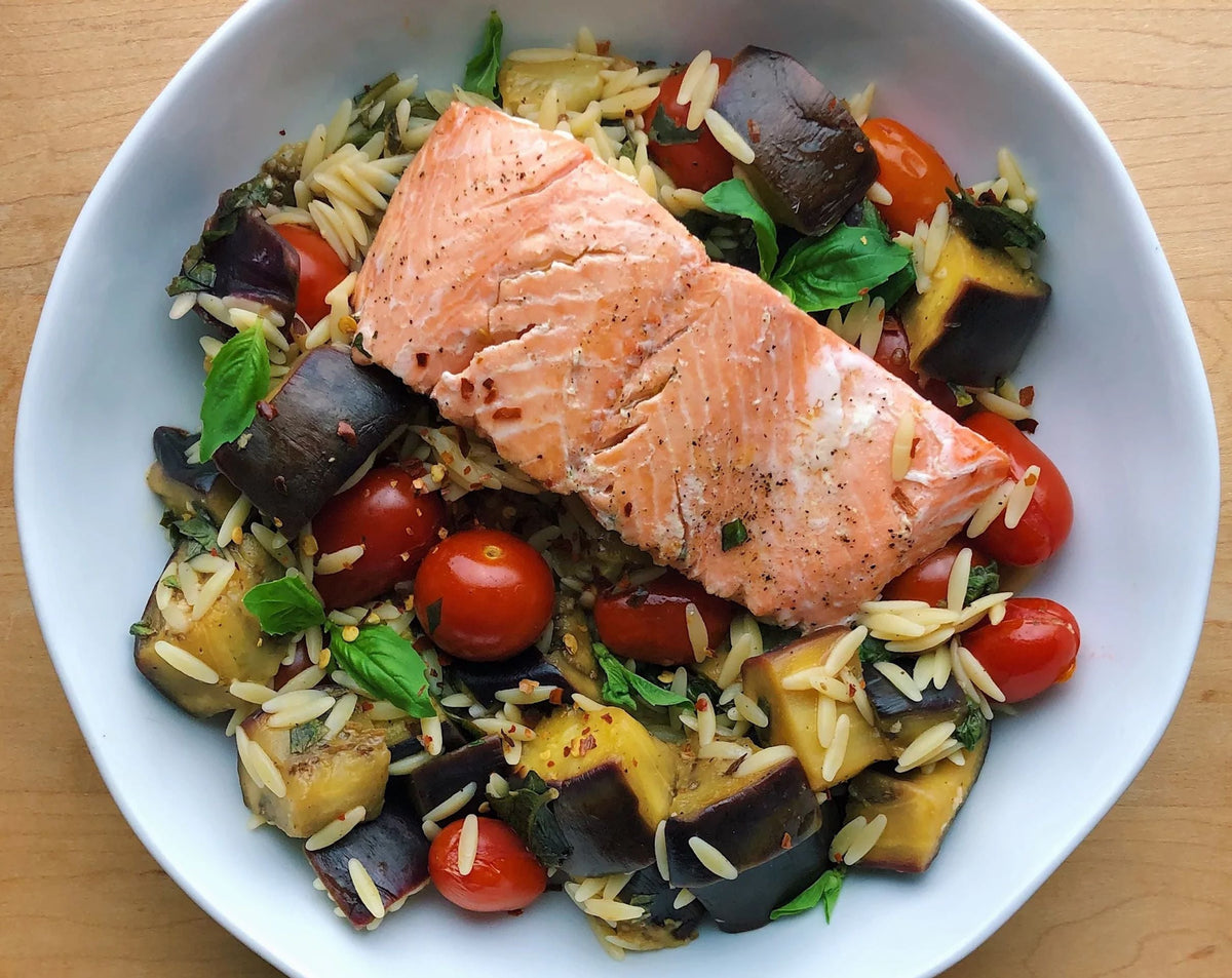Pan Seared Salmon with Mediterranean Eggplant Orzo