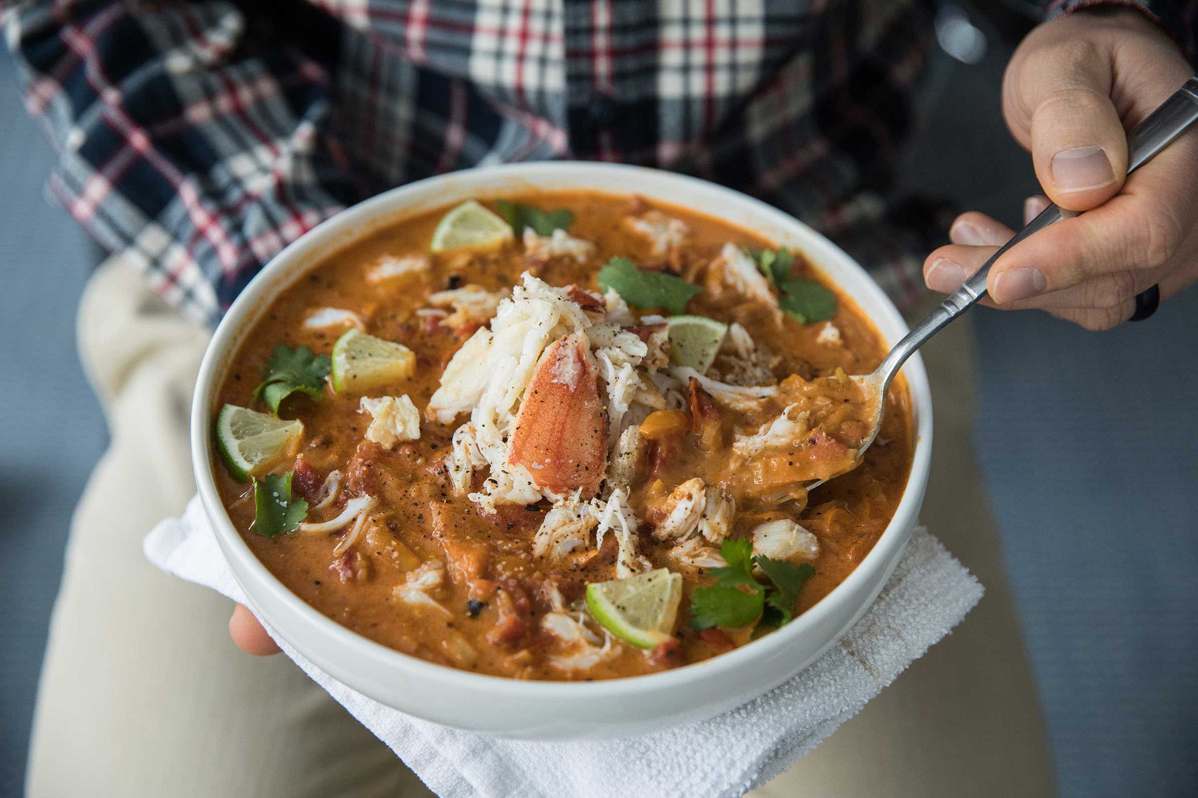 A plated dish of Dungeness crab stew