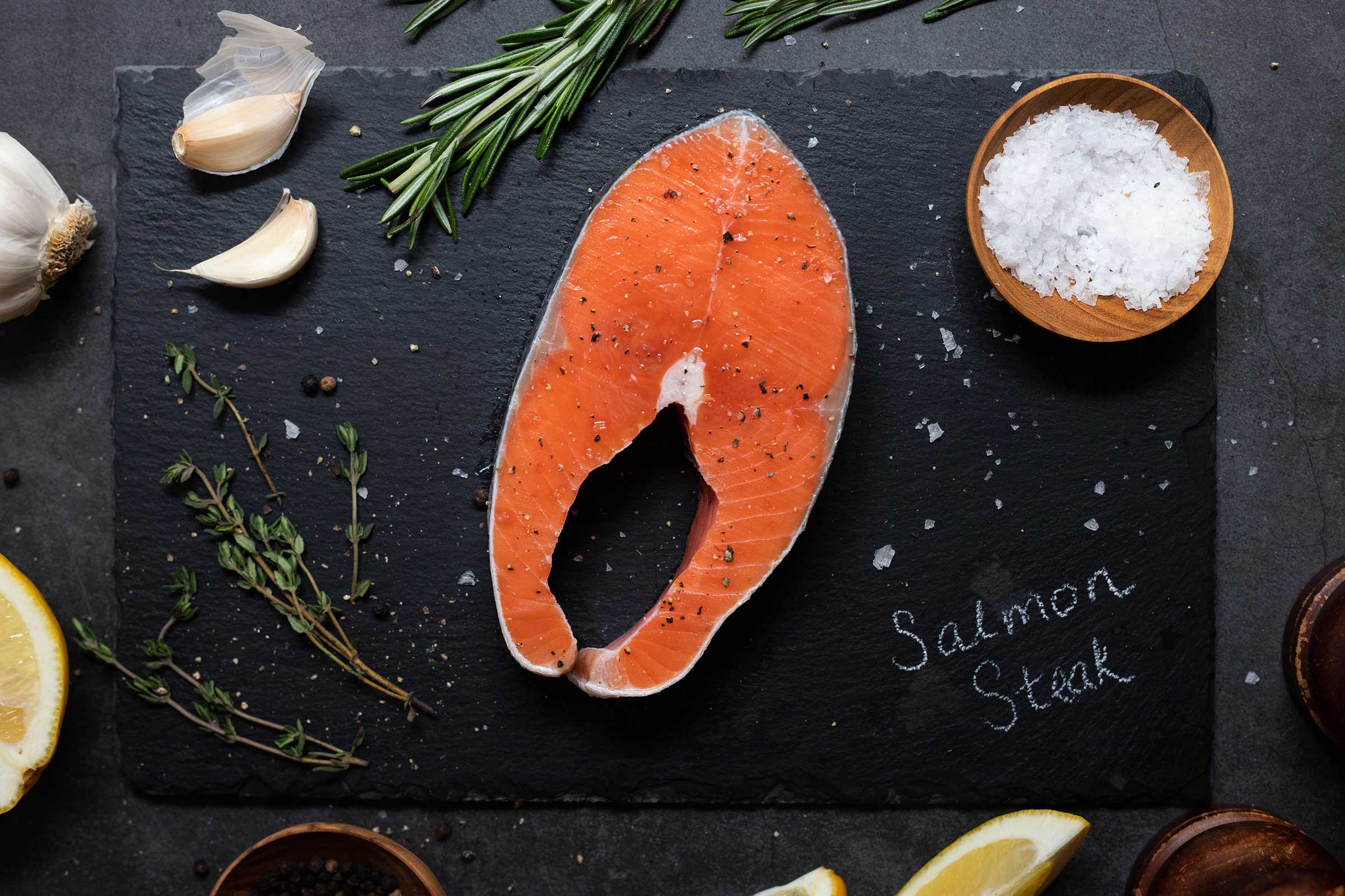 A delicious-looking portion of king salmon steak cut